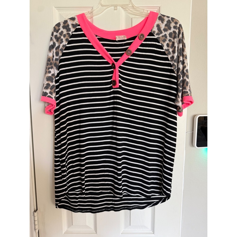 Large BIBI Women Striped Leopard Print Top Neon Pink Trim Button Short Sleeve